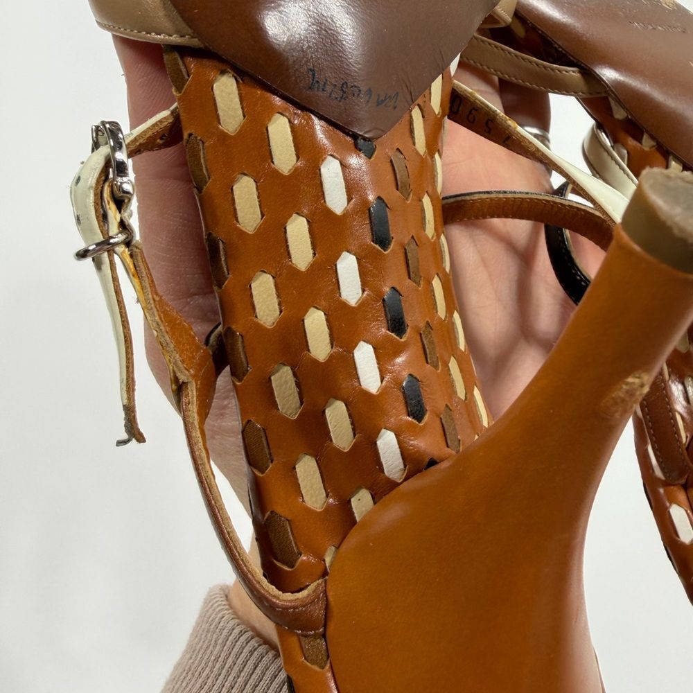 Salvatore Ferragamo Brown and Cream Strappy Heels - Picture 5 of 11